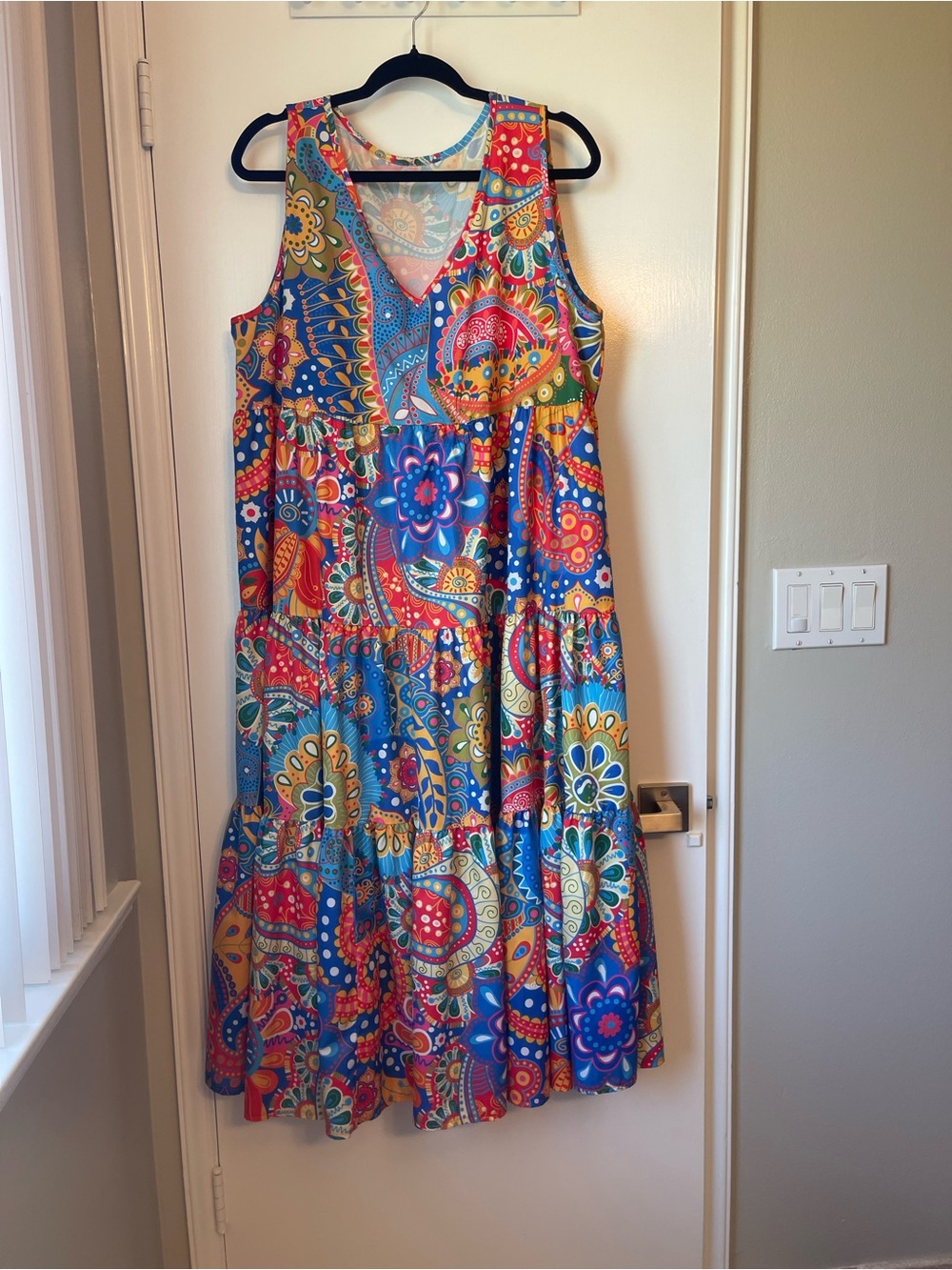 UNKNOWN MAKER Sleeveless V-Neck Floral Paisley Tiered Maxi Dress Blue/Multi XXL